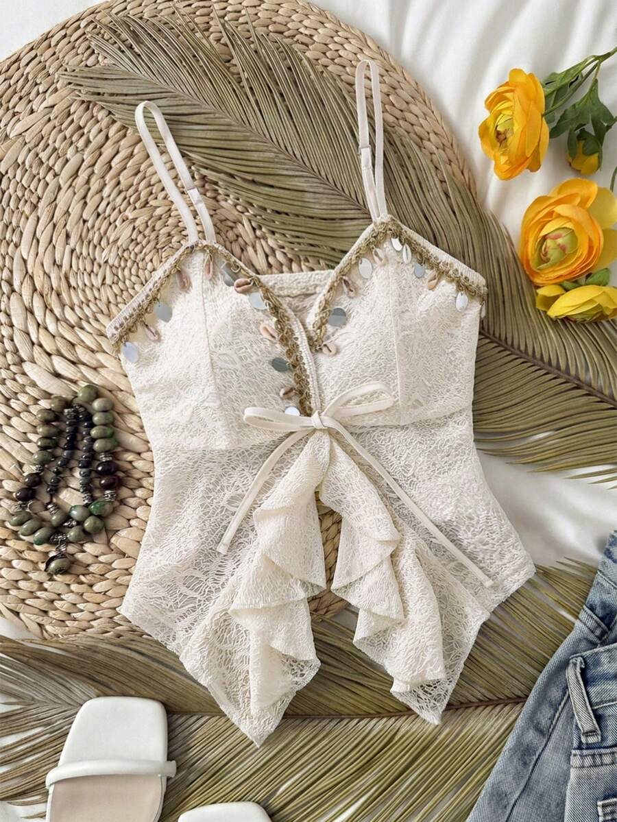 Áo hai dây eo buộc dây viền vỏ sò cho bé gái tuổi teen đi nghỉ mát - Màu be - Xem 1