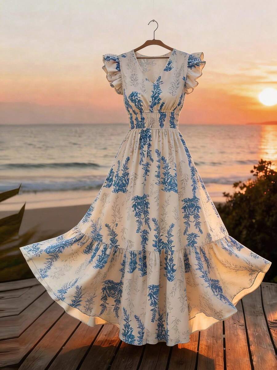 Rafferiza 女士优雅浪漫印花荷叶边收腰连衣裙，夏季