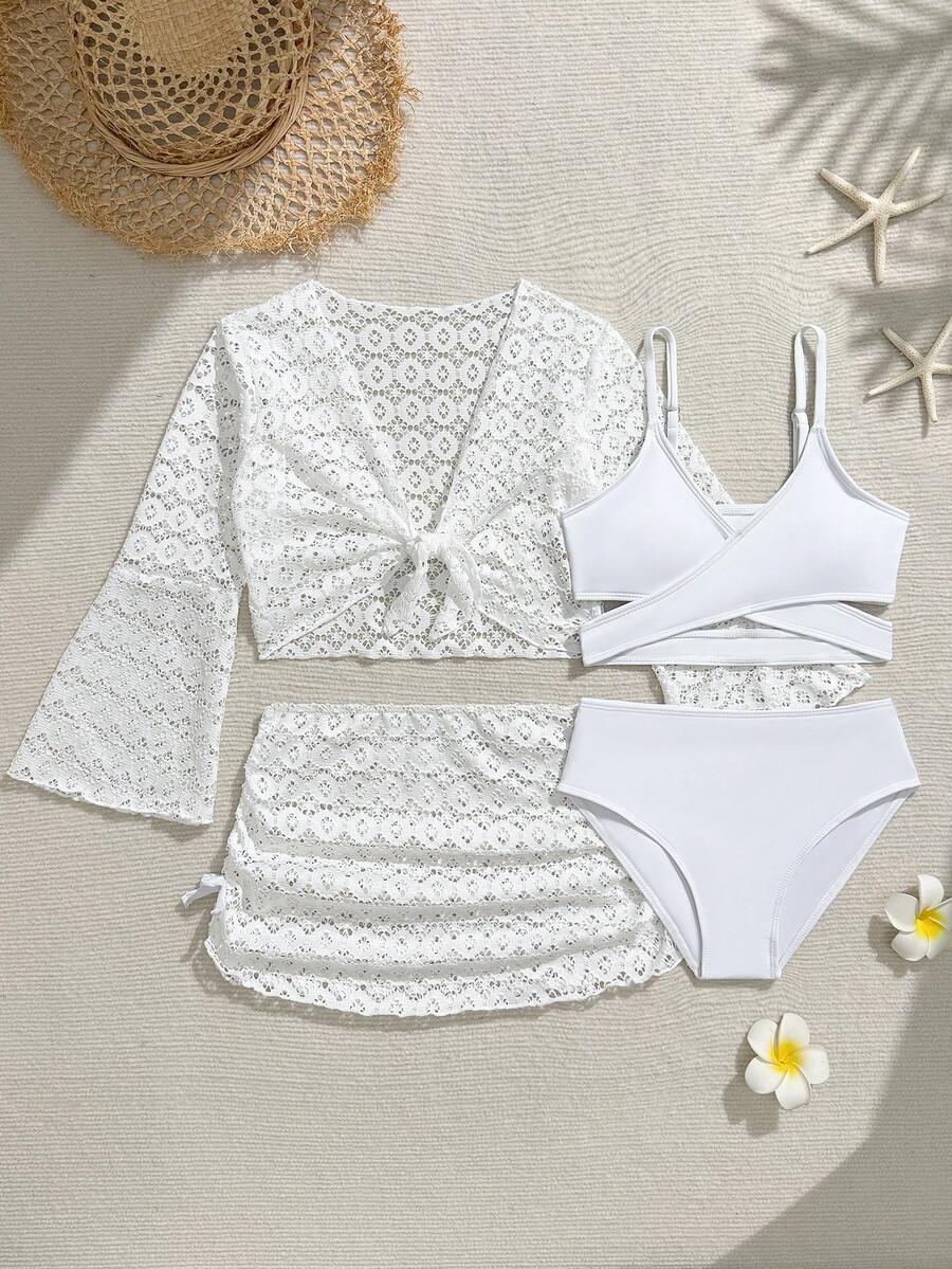 SHEIN 少女四件套泳衣,白色特殊网眼面料,适合夏季海滩、泳池和度假穿着。柔软舒适,2026春夏新款时尚,度假旅行必备夏季服饰 - 彩色 - 查看 1