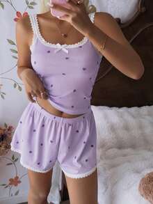 ZzzCrew Bộ đồ ngủ lụa hai dây và quần short màu hồng họa tiết trái tim phối ren gân dành cho nữ - Màu tím - Xem 5