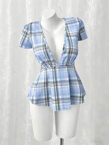 Sunspun 大码复古粉色格子衬衫，可爱修身格子条纹休闲舒适衬衫 - 淺藍色 - 查看 5