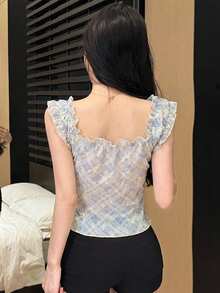 Joudiya 春夏蝴蝶結刺繡滿版印花紋理格紋蕾絲上衣，情人節婚禮宴會時尚派對露肩短版上衣，前綁帶設計修身收腰短袖女款襯衫 - 藍色 - 查看 6