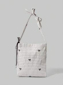 ROMWE Kawaii 时尚撞色格纹蝴蝶结单肩斜挎布包学院风女包 - 黑與白 - 查看 1