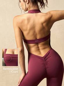 VARSIVA Bộ jumpsuit xòe cổ yếm hở lưng màu trơn - Đỏ - Xem 2