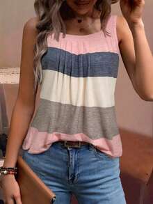 EMERY ROSE 大码女式撞色无袖背心，美式极简主义纹理条纹圆领背心，大码背心 - 彩色 - 查看 4