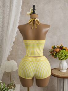 Swim Mod Bộ bikini 2 mảnh in họa tiết kẻ caro ngẫu nhiên dành cho nữ, áo hai dây và quần short, thích hợp cho mùa hè đi biển. - Màu vàng - Xem 2