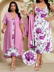 Fleurora Purple Summer Elegant Wedding Ninang Plus Size 2 Pieces Set Dress,Women's Floral Print Short Sleeve Jacket Cardigan & Modest Commuting Office Outfits - White - View 3