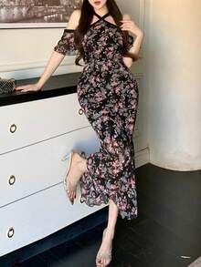 DAZY Đầm dự tiệc ngắn nữ in hoa, cổ yếm, hở vai, thanh lịch, thắt eo. - màu đen - Xem 4