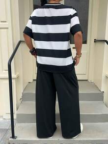 Muchica 大码圆领落肩条纹休闲宽松两件套，夏季 - 彩色 - 查看 2