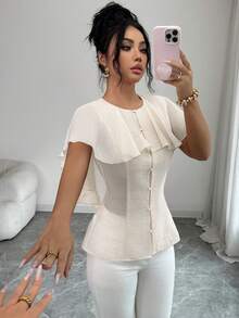 Elenzga Women's Solid Color Sheer Round Neck Capelet Style Romantic Ruffle Buttoned A-Line Sleeveless Short Sleeve Pink Blouse, Elegant French Retro Minimalist Formal Office Commute Business Casual Beach Holiday Street Style Spring/Summer New Blouse For Women Elegant Classy Women's Tops And Blouses Women's Short Sleeve Tops Latest Tops For Women New Arrivals Women's Tops For Summer - Pale Yellow - View 5