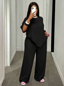 SHEIN CURVE+ Women's Plus Size 2 Pieces Black Lounge Sets,Summer Casual Loose T-Shirt & Wide Leg Pocket Pants,Textured Fabric Suit,Autumn Winter New Arrivals - Black - View 7