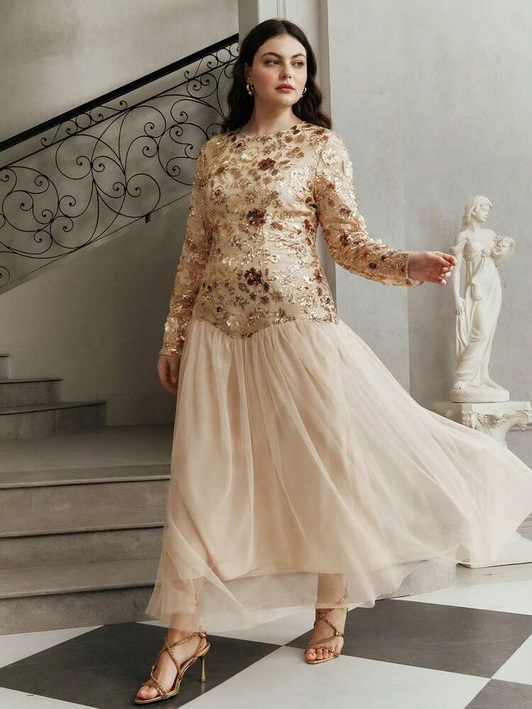 Elegant Champagne Floral Mesh Sequin Long Sleeve Dress, Suitable For Parties, Dates, Festivals, Resort Wear