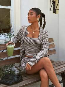 Muchica Bộ đồ 3 món dành cho nữ, gồm áo hai dây, quần short và áo khoác, họa tiết sọc nâu. - màu nâu - Xem 5