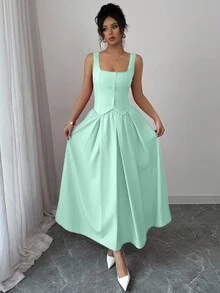 Rafferiza 女士时尚无袖方领单排扣背心和百褶喇叭裙两件套，百搭日常装 - 薄荷綠 - 查看 6