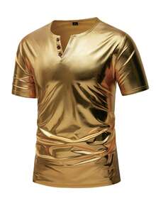 Manfinity Homme Áo thun nam tay ngắn in họa tiết ánh vàng, kiểu dáng thường ngày, thích hợp cho mùa xuân/hè. - Vàng - Xem 5