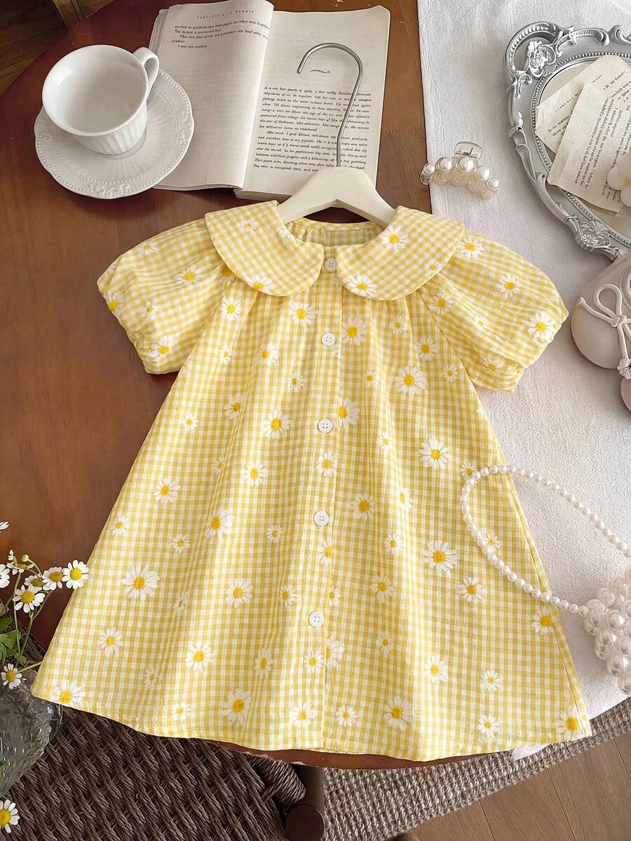 女婴可爱黄色彼得潘领蝴蝶结短袖连衣裙，夏季 - 黃色 - 查看 1