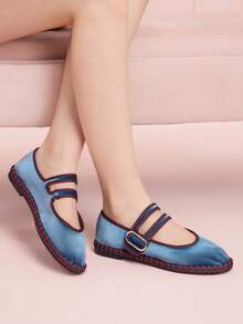 CUCCOO DOLLMOD Retro Contrast Trim Casual Comfortable Versatile Flat Shoes, Suitable For Walking, Travel And Vacation - Dusty Blue - View 2
