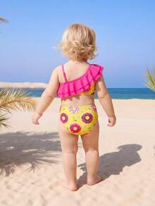 Bộ đồ bơi liền thân cho bé gái in hình bánh donut, viền bèo nhún, thích hợp cho kỳ nghỉ biển. - Nhiều màu - Xem 2