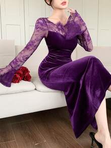 DAZY Autumn Lace Patchwork Square Neck Long Sleeve Cinched Waist Velvet Elegant Elegant Women's Mid-Length Dress - Purple - View 6