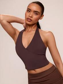 SHEIN BAE Áo tank top thể thao cổ yếm hở lưng màu trơn, kiểu dáng casual gợi cảm, thích hợp cho mùa hè. - màu nâu - Xem 5