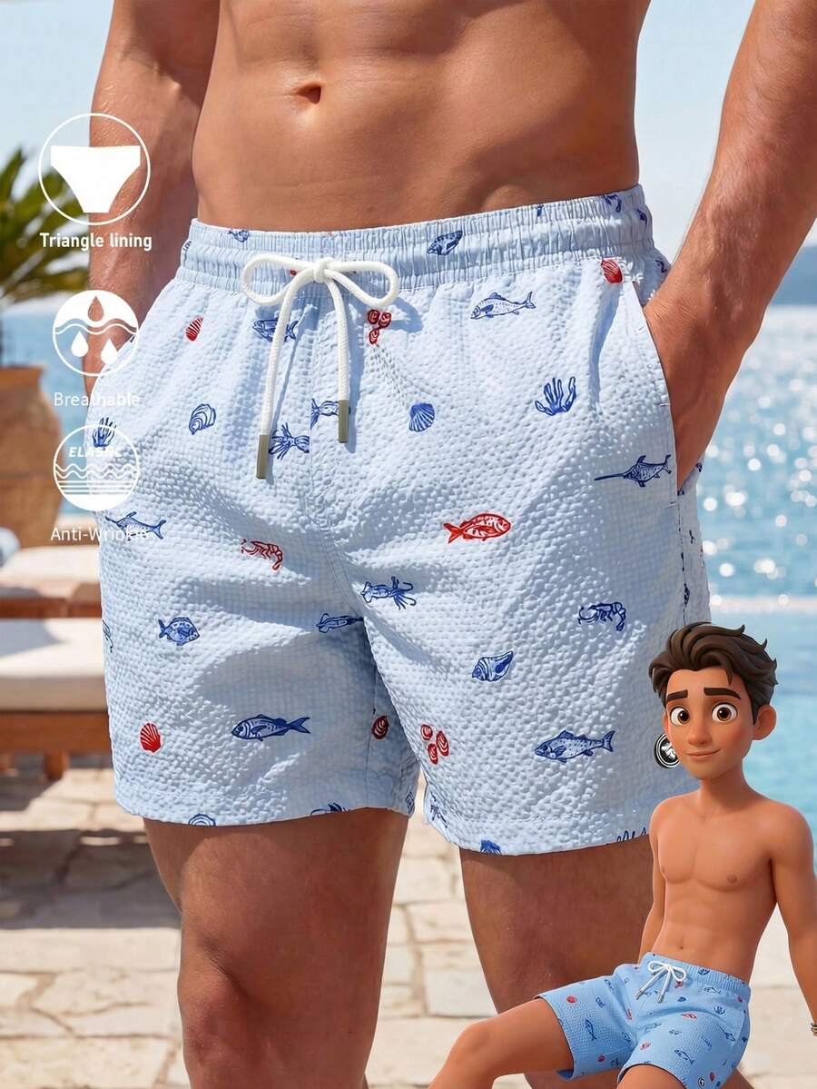 Horizaway 男士海洋生物印花沙滩短裤 - 淺藍色 - 查看 1