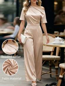 Editum Women's Elegant Party Solid Satin Asymmetric Collar Jumpsuit Jumpsuits For Woman Elegant Elegant Pant Suit Two Piece Elegant Set Women Elegant Jumpsuit Beige Jumpsuit, Spring&Summer Outfit For Women, Easter, Elegant Party Outfit, Beach Outfits, Graduation Outfit For Mother, Graduation Dress,Bridesmaid Dress, Wedding Guest Dresses, Wedding, Vacation Outfits Women, Summer Holiday Outfits, Formal Attire For Women, Y2k, Office Outfits For Women - Apricot - View 2