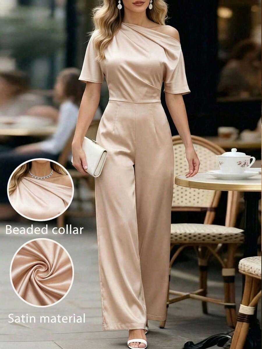 Editum Women's Elegant Party Solid Satin Asymmetric Collar Jumpsuit Jumpsuits For Woman Elegant Elegant Pant Suit Two Piece Elegant Set Women Elegant Jumpsuit Beige Jumpsuit, Spring&Summer Outfit For Women, Easter, Elegant Party Outfit, Beach Outfits, Graduation Outfit For Mother, Graduation Dress,Bridesmaid Dress, Wedding Guest Dresses, Wedding, Vacation Outfits Women, Summer Holiday Outfits, Formal Attire For Women, Y2k, Office Outfits For Women