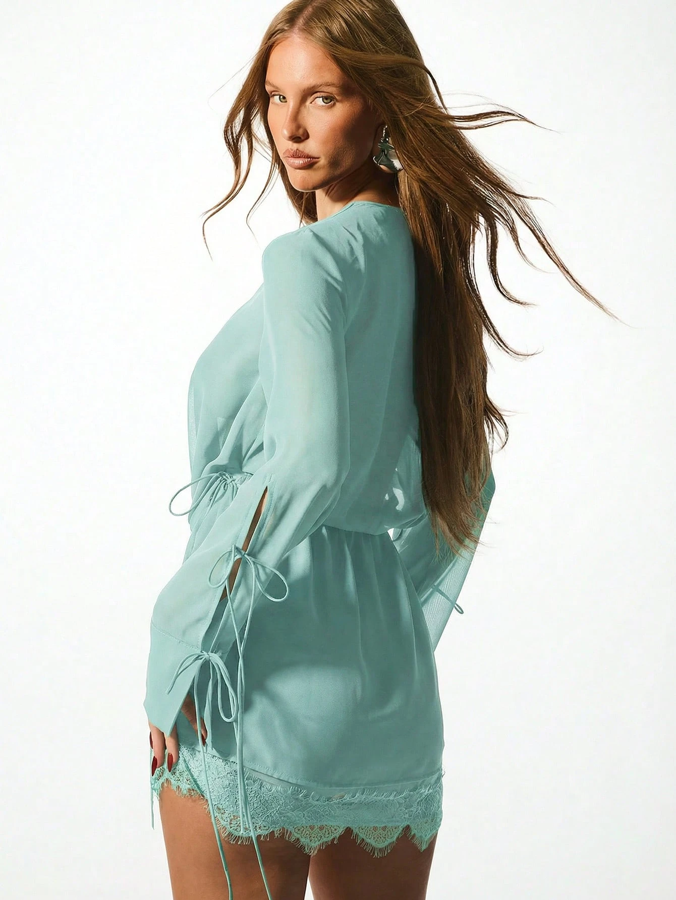 KIZN Sage Chiffon Cowl Neck Mini Dress With Lace