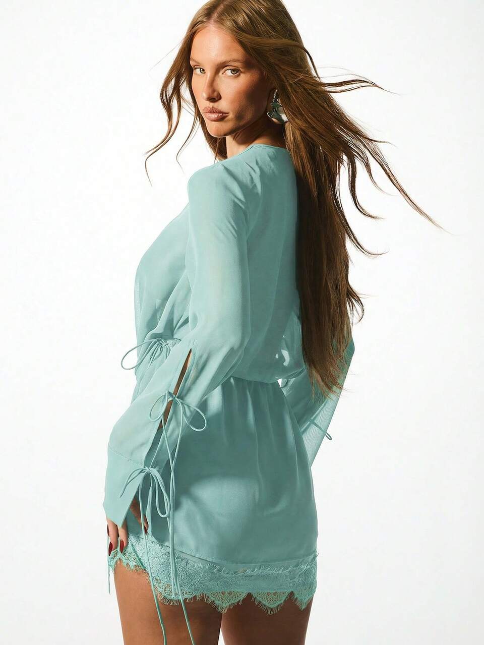 Sage Green Chiffon Cowl Neck Mini Dress With Lace Hem And Lace Up Details Long Sleeves Flowy Summer Festival Boho