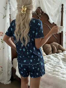 CottageSlumber Floral Rib Knit Loose Fit Short Sleeve & Shorts Pajama Set For Women - Navy Blue - View 6