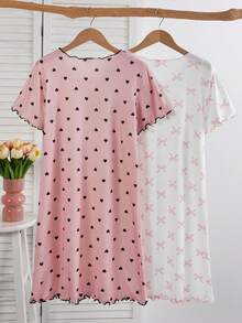 Genkimix Kids 2pcs Girls Knitted Butterfly Print Nightgown, Summer - Pink - View 2