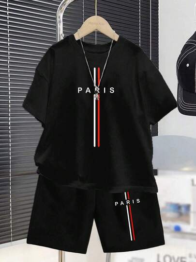 Teen Boy Casual Minimalist Short Sleeve Crew Neck Shorts Knit Set, Suitable For Summer, Classic Vertical Stripe Pattern, Classic City Name Paris, Text Graphic Print, Suitable For Campus