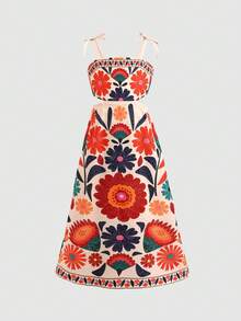 SHEIN 少女編織花卉休閒度假蝴蝶結肩帶洋裝，適合度假、海灘、旅行及其他場合 - 彩色 - 查看 2