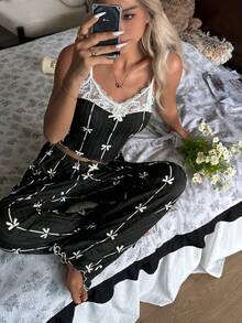 CottageSlumber Cartoon Bow Print Contrast Lace Design Comfortable Camisole & Pants Women Pajama Set - Black - View 3