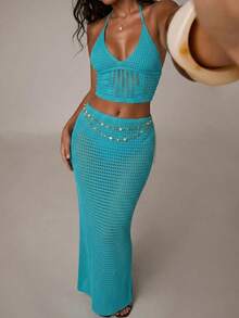 SHEIN BAE 2pcs/Set Backless Tie Teal Blue Women Sweater,Summer Casual Beach Vacation Holiday New Arrival Blue Set Perfect For Parties&Nightclubs - Blue - View 1