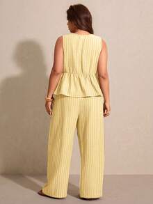 Elaquor Plus Size Casual Vacation Striped Sleeveless A-Line Shirt And Straight Leg Casual Pants 2 Pieces Set - Yellow - View 2