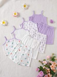SHEIN Playful Pals 8件套女婴幼儿/新生儿0-3岁春夏休闲可爱罗纹针织吊带背心和短裤套装，日常穿着 - 淡紫色 - 查看 2