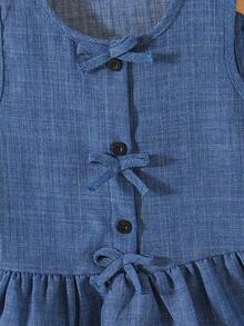 2pcs/Set Girls Toddler Summer Family Matching Outfit,Single-Breasted Bow Ruffle Hem Camisole Shirt And Pants,Minimalist Kids Linen Clothing Set - Blue - View 5