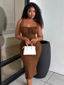 Alexandranx Đầm Thắt nút Thắt nơ trước Nếp gấp Phần Ngực màu trơn Giải trí - Cà phê nâu - Xem 7