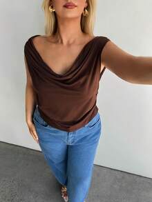 Auralis 大码纯色极简V领无袖背心 女式上衣 女式吊带背心 女式马甲衫 运动上衣 - 棕色 - 查看 5