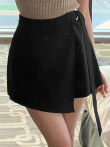 DAZY Women's Casual Solid Color Asymmetric Hem Skorts, Spring/Summer - Black - View 4