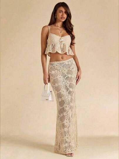 SHEIN BAE Top corto sin mangas de malla de ganchillo con textura de albaricoque, top de camisa de verano, top texturizado transparente, top elegante, ropa de playa de vacaciones, ropa exterior casual