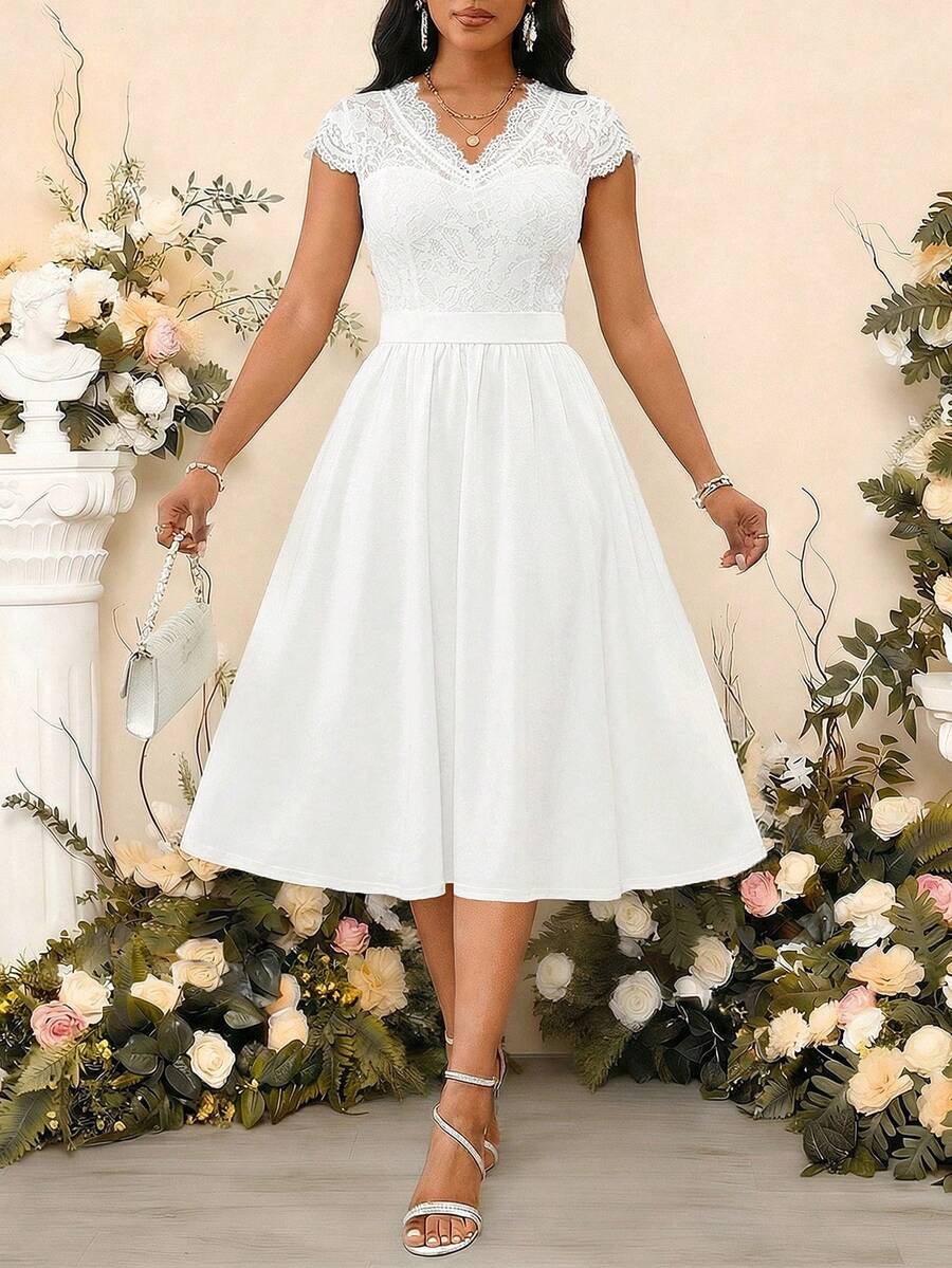 SHEIN Lady Elegant White Dress For Women,Summer Wedding Guest Dress,Luxury Formal Evening Dresses For Ladies Weddings & Events,Graduation Ceremony Party Outfits - White - View 1