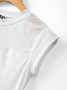 SHEIN Franclia Women's Fashion Sheer Mesh Stand Collar Bodysuit With Fitted Sleeves White Bodysuit Mesh Bodysuit White One Piece Bodysuit Short Sleeve Bodysuit - White - View 3