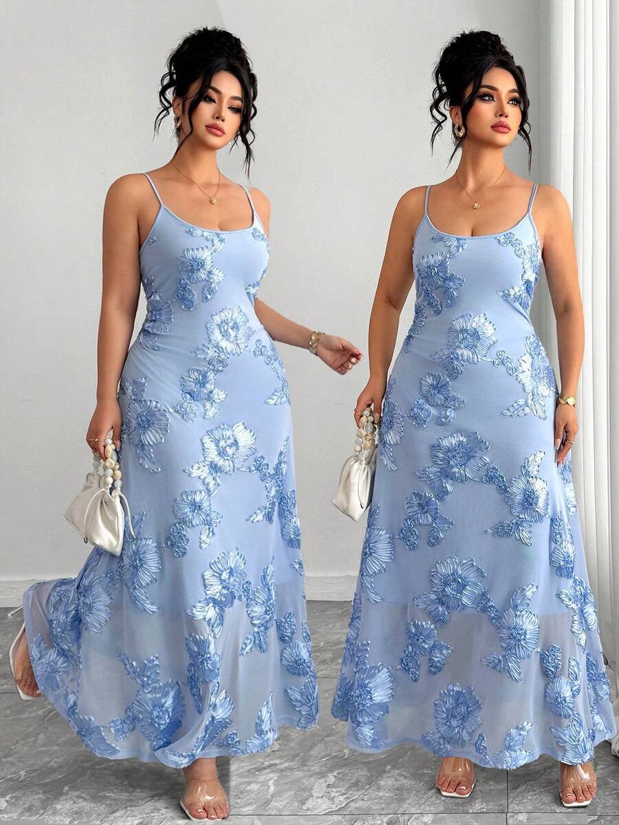 Elenzga 大码女士优雅刺绣网纱吊带裙 - 藍色 - 查看 1