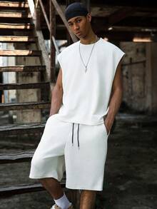 PAVTROS Men's Knit Texture Casual Tank Top Set - Apricot - View 3