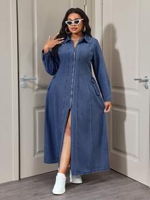 Slaydiva Plus Size Casual Commuter Front Zipper Split Denim Dress - Dark Wash - View 5