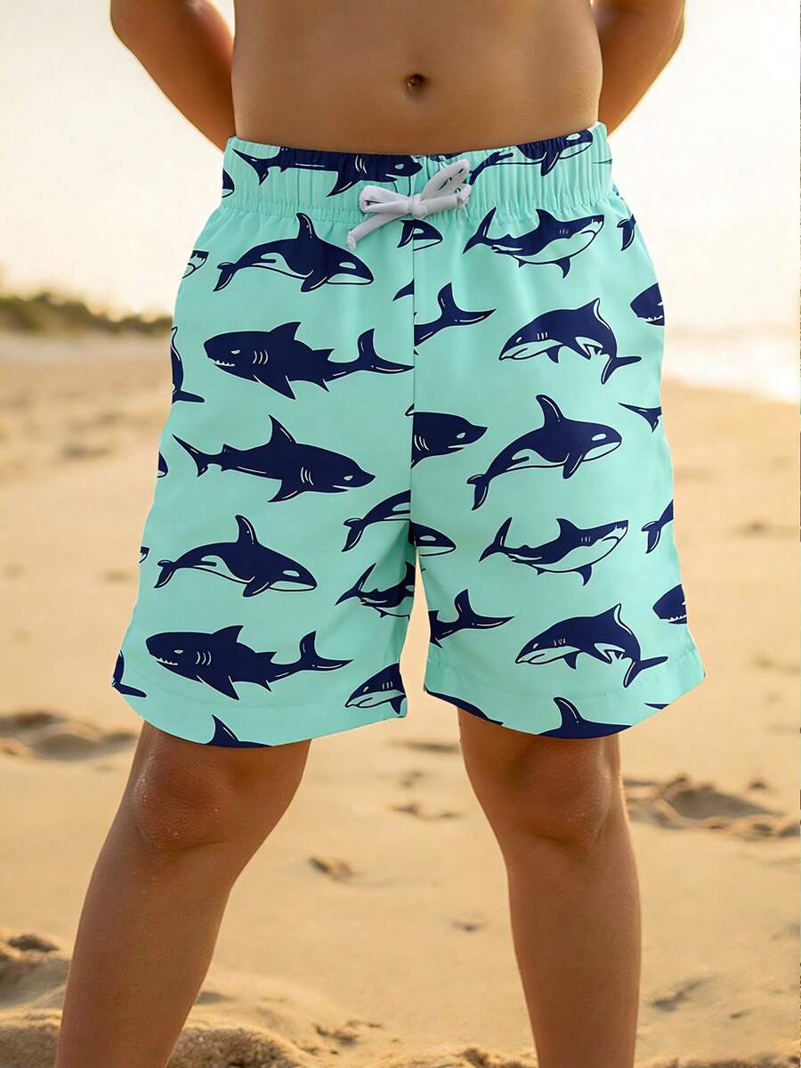 Young Boy Casual Loose Fashionable Cute Classic Stylish Ocean Shark & Dolphin Print Swim Trunks, Suitable For Summer - Multicolor - View 1