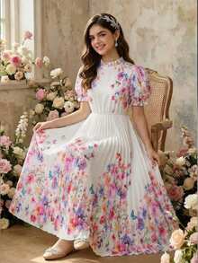 SHEIN Đầm maxi in hoa dáng xòe cho bé gái tuổi teen, tay phồng và cổ bẻ, thích hợp mặc thường ngày, đi nghỉ mát và mùa xuân/hè. Đầm maxi họa tiết bướm cho nữ, đầm xuân, đầm xếp ly, đầm in hoa, đầm hoa trắng thanh lịch, đầm maxi in hoa, đầm hè xếp ly, đầm thường ngày cho nữ. - Nhiều màu - Xem 3
