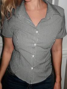Turnttoni Women's Summer Street Style Patterned Short Sleeve Single-Breasted Shirt - Black and White - View 3